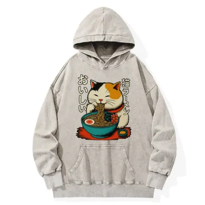 Tokyo-Tiger Cute Eat Eating Japanese Ramen Washed Hoodie