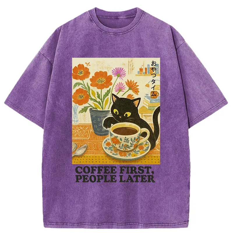 Tokyo-Tiger Kitten Drinks Coffee First Washed T-Shirt