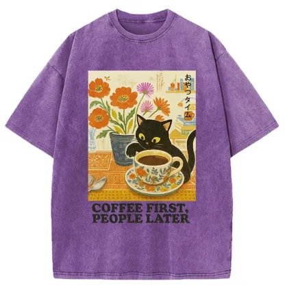 Tokyo-Tiger Kitten Drinks Coffee First Washed T-Shirt