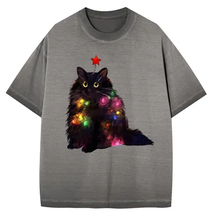Tokyo-Tiger Christmas Lights Cat Gradient Washed T-Shirt