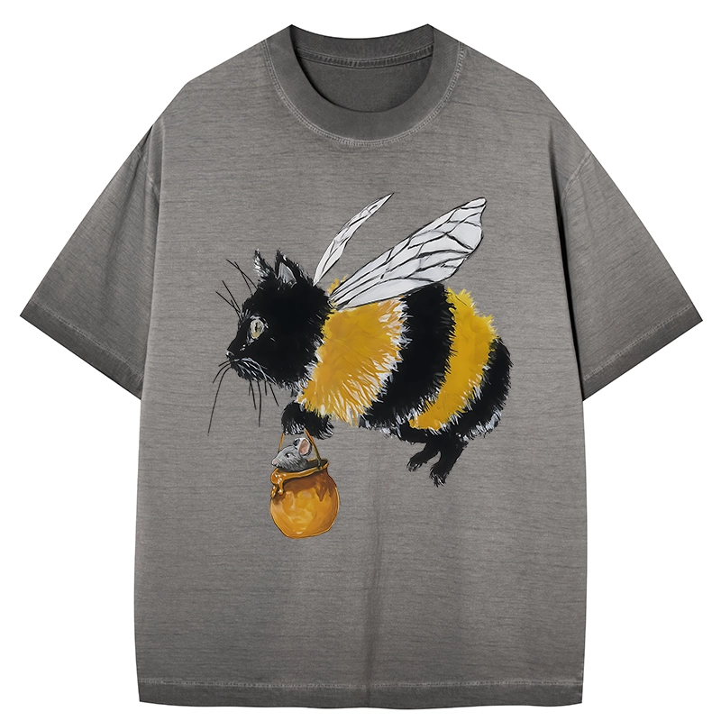 Tokyo-Tiger Catbee Funny Gradient Washed T-Shirt