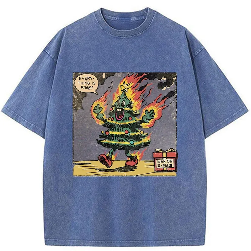 Tokyo-Tiger Christmas Tree On Fire Washed T-Shirt