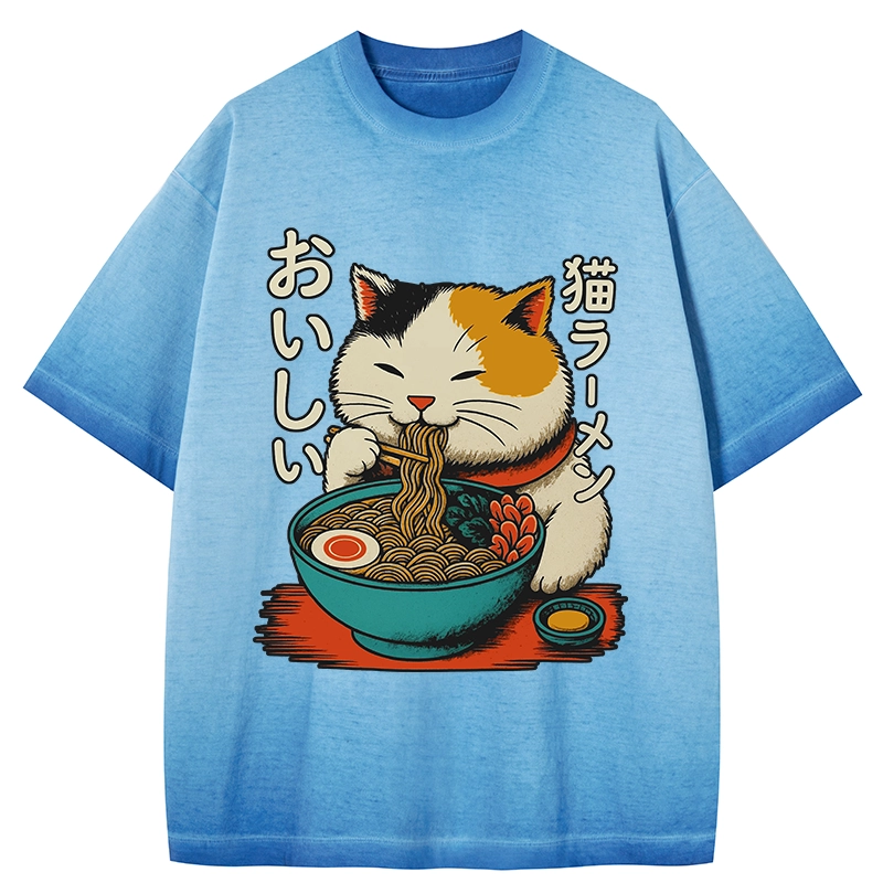 Tokyo-Tiger Cute Eat Eating Japanese Ramen Gradient Washed T-Shirt