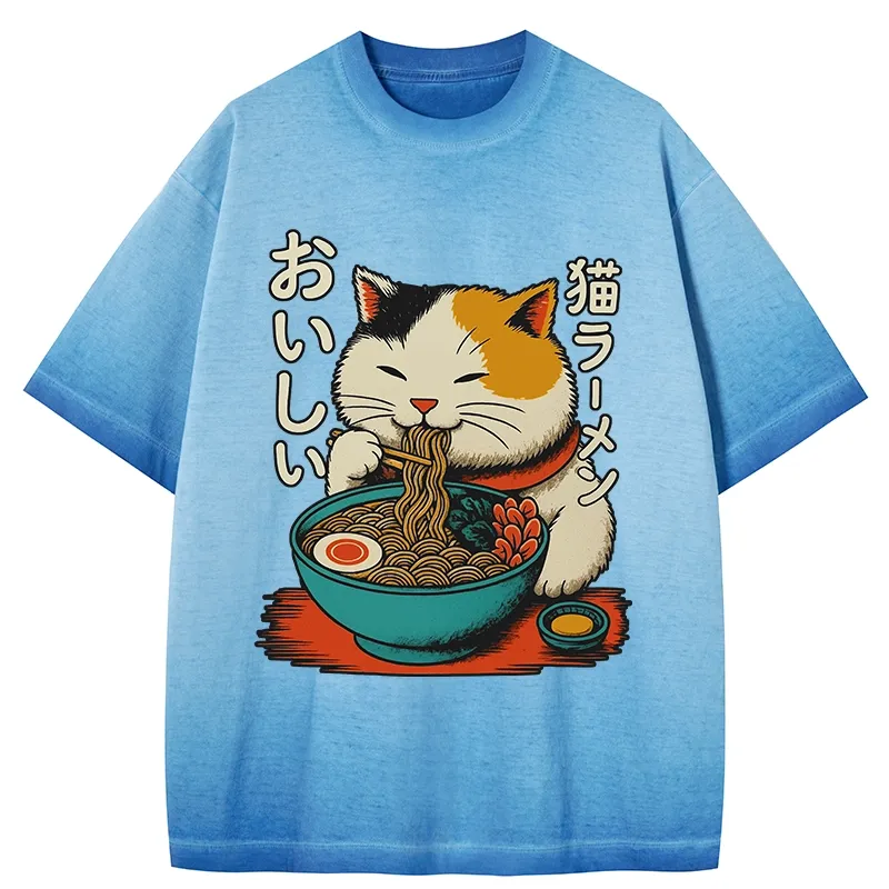 Tokyo-Tiger Cute Eat Eating Japanese Ramen Gradient Washed T-Shirt