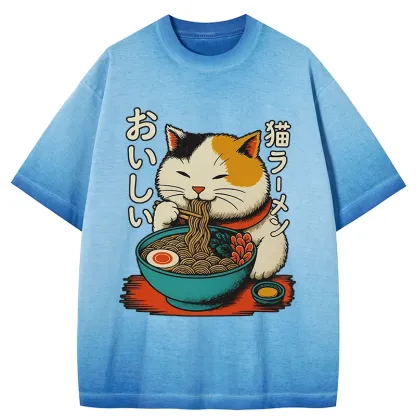 Tokyo-Tiger Cute Eat Eating Japanese Ramen Gradient Washed T-Shirt