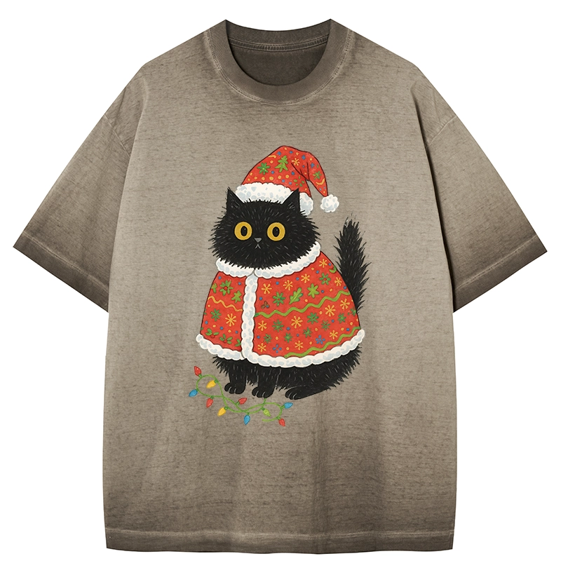 Tokyo-Tiger Cat Wearing Santa Hat Gradient Washed T-Shirt