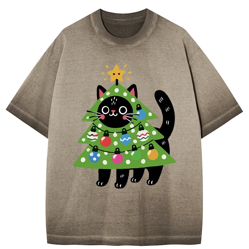 Tokyo-Tiger Christmas Tree Cat Gradient Washed T-Shirt
