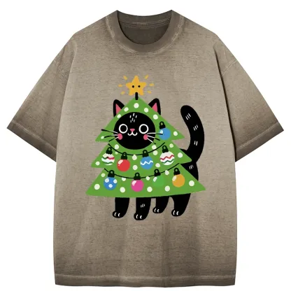 Tokyo-Tiger Christmas Tree Cat Gradient Washed T-Shirt
