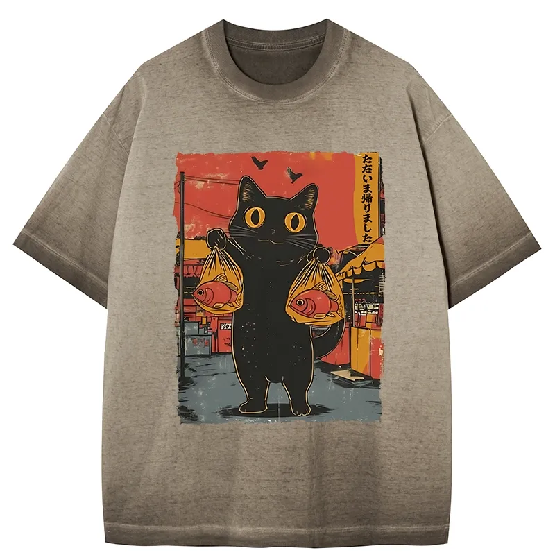 Tokyo-Tiger Cat Fishing Japanese Gradient Washed T-Shirt