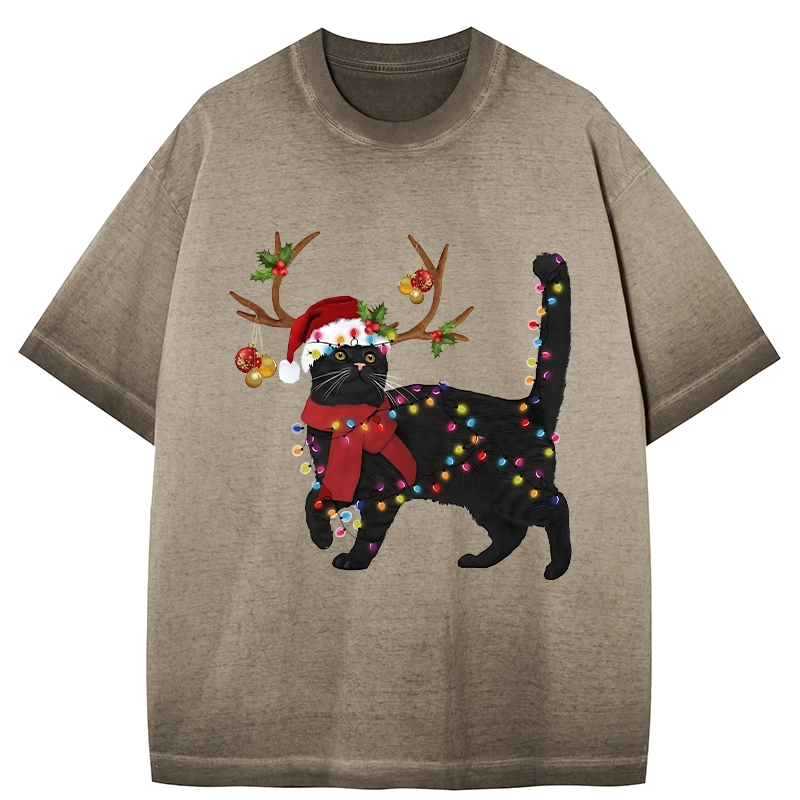 Tokyo-Tiger Christmas Black Cat Gradient Washed T-Shirt
