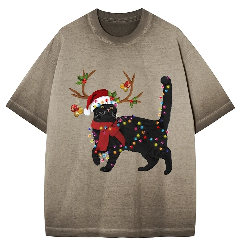 Tokyo-Tiger Christmas Black Cat Gradient Washed T-Shirt
