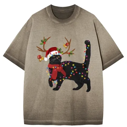 Tokyo-Tiger Christmas Black Cat Gradient Washed T-Shirt