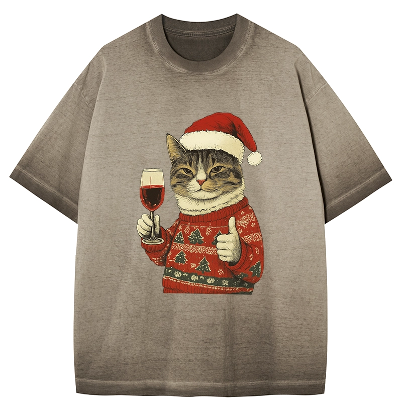 Tokyo-Tiger Christmas Cat Likes Gradient Washed T-Shirt
