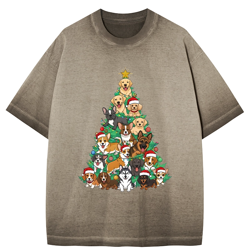 Tokyo-Tiger Christmas Tree Dog Funny Gradient Washed T-Shirt