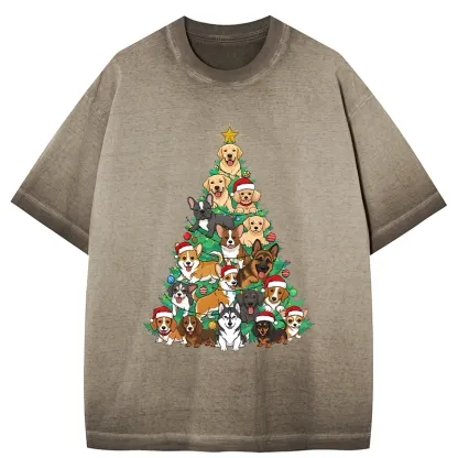 Tokyo-Tiger Christmas Tree Dog Funny Gradient Washed T-Shirt