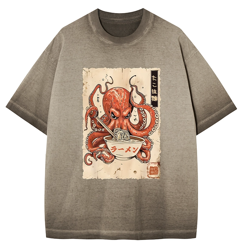 Tokyo-Tiger Retro Octopus Eating Ramen Gradient Washed T-Shirt