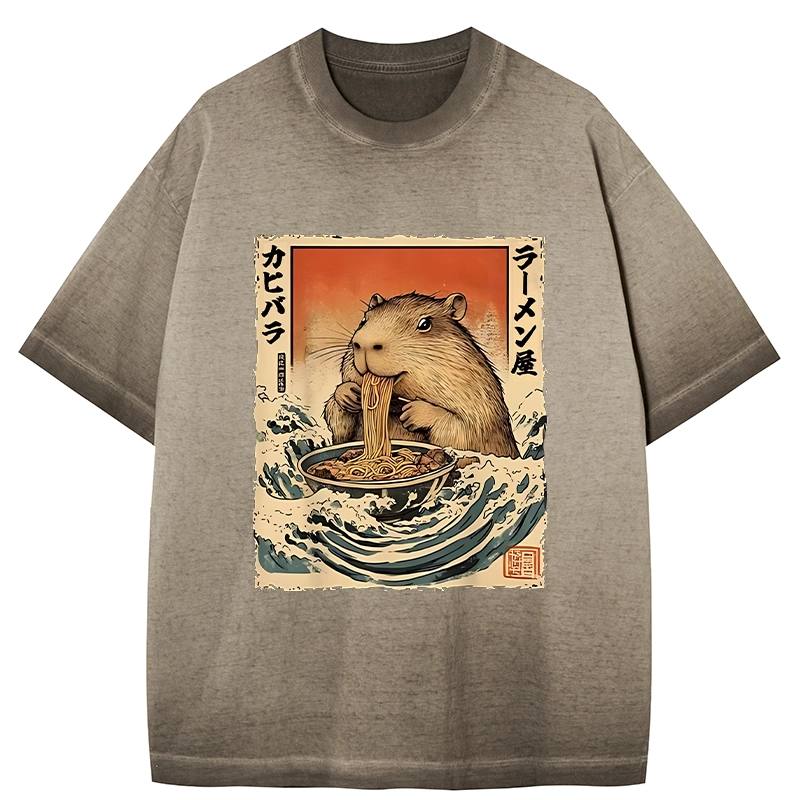 Tokyo-Tiger Hamster Eating Ramen Gradient Washed T-Shirt