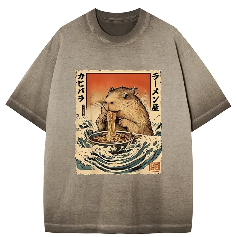 Tokyo-Tiger Hamster Eating Ramen Gradient Washed T-Shirt