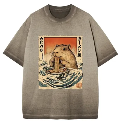 Tokyo-Tiger Hamster Eating Ramen Gradient Washed T-Shirt
