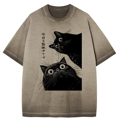 Tokyo-Tiger The Cat Is Watching Today Gradient Washed T-Shirt
