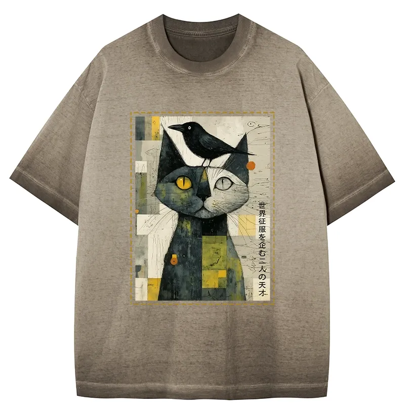 Tokyo-Tiger The Cat And The Crow Are Planning To Rule The World Gradient Washed T-Shirt