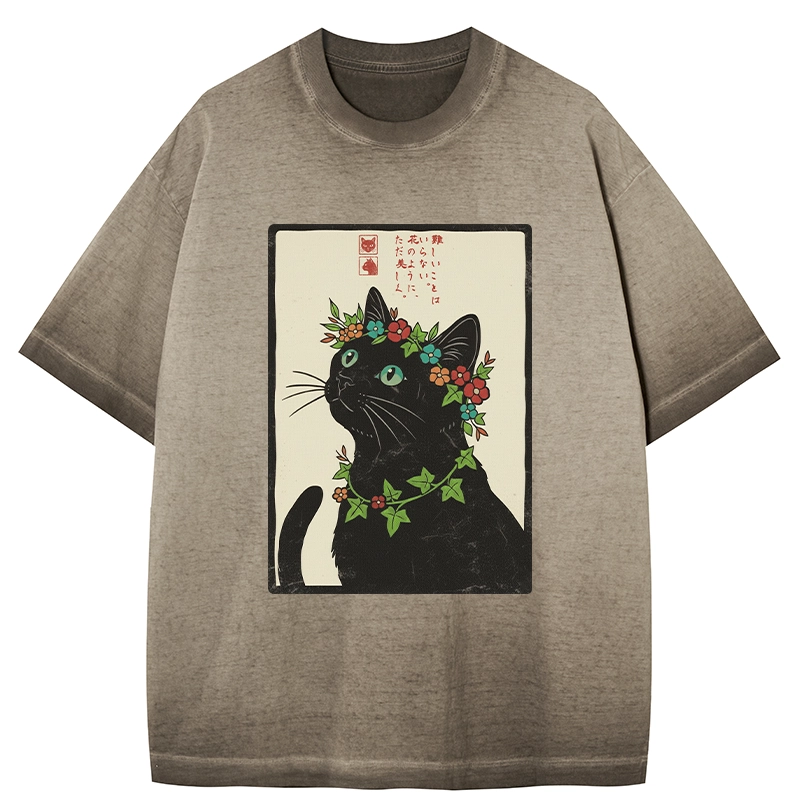 Tokyo-Tiger The Flower-Crowned Cat Gradient Washed T-Shirt
