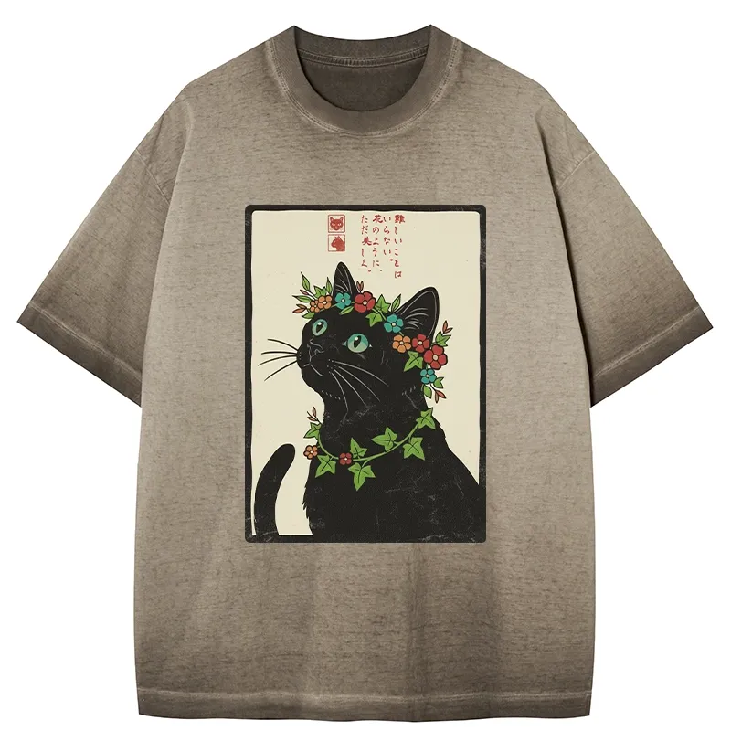 Tokyo-Tiger The Flower-Crowned Cat Gradient Washed T-Shirt