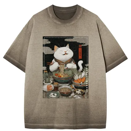 Tokyo-Tiger The Ramen-Loving Cat Gradient Washed T-Shirt