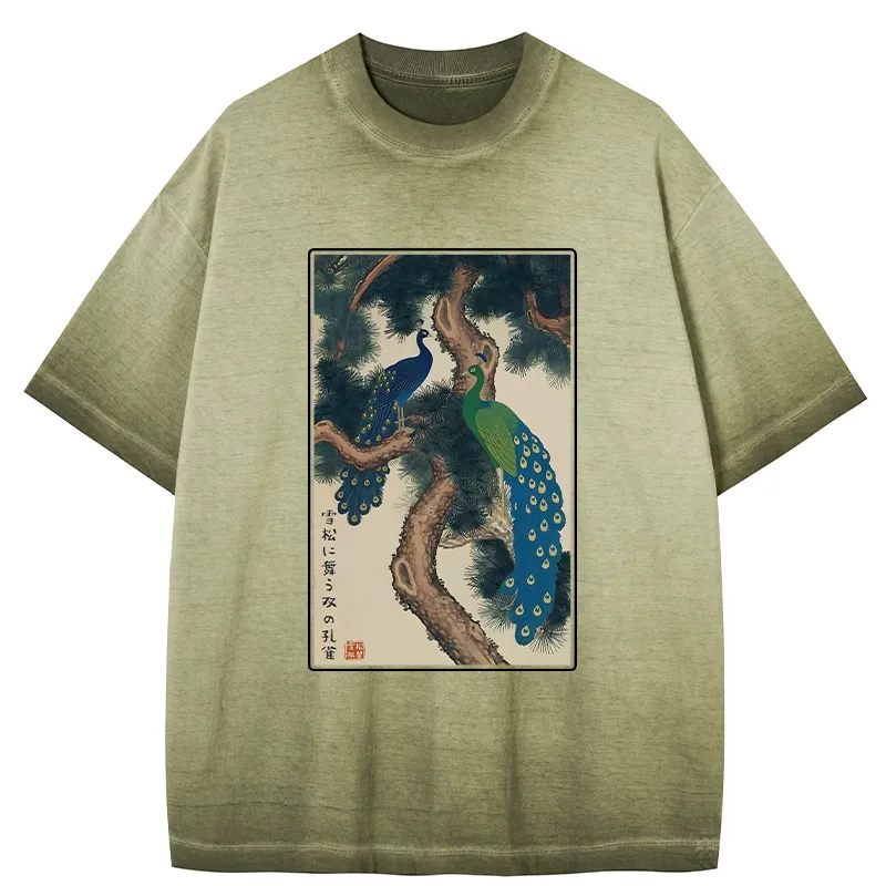 Tokyo-Tiger Peacocks in Snowy Pines Gradient Washed T-Shirt
