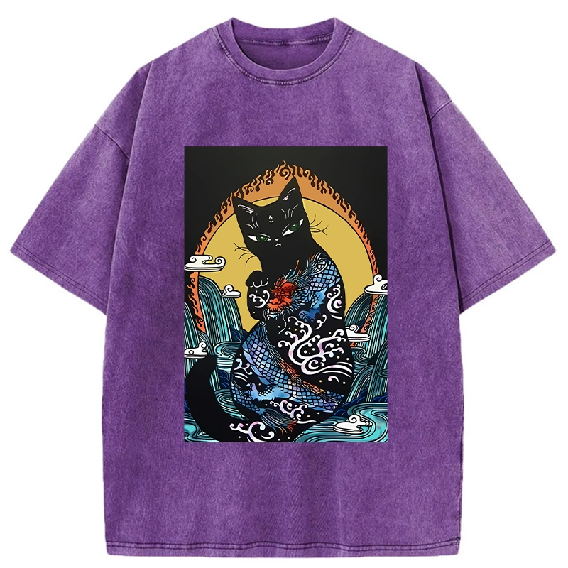 Tokyo-Tiger Black Cat With Dragon Pattern Washed T-Shirt
