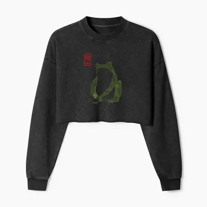 Tokyo-Tiger Woodblock Print Frog Washed Crop Sweatshirt