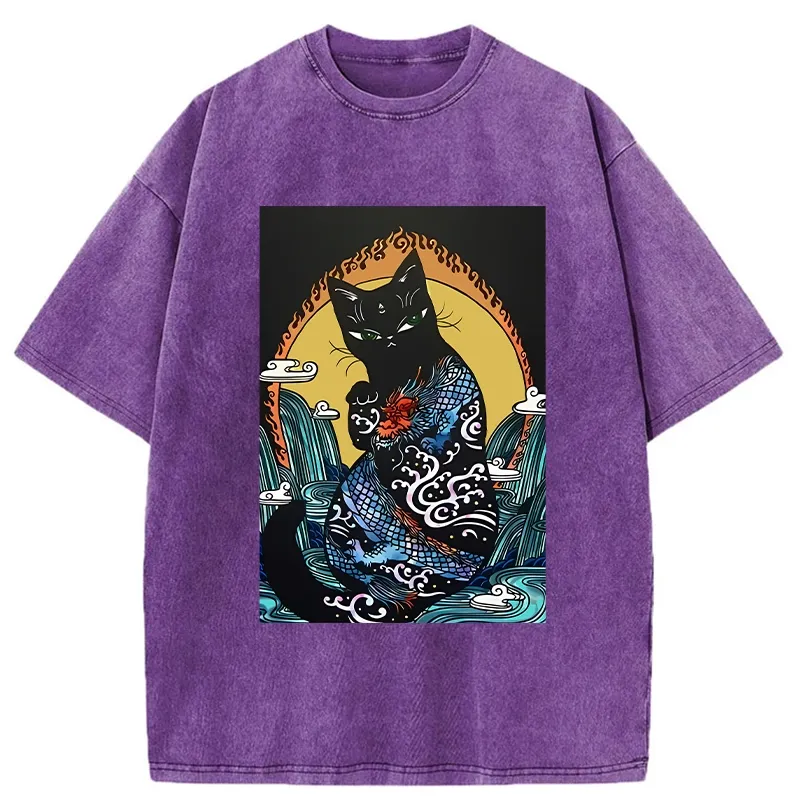 Tokyo-Tiger Black Cat With Dragon Pattern Washed T-Shirt