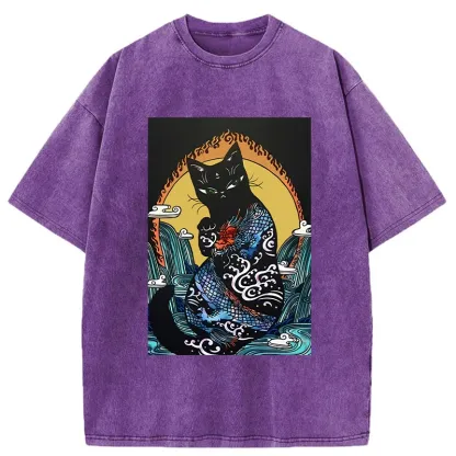 Tokyo-Tiger Black Cat With Dragon Pattern Washed T-Shirt