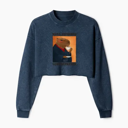Tokyo-Tiger Elegant Capybara Washed Crop Sweatshirt