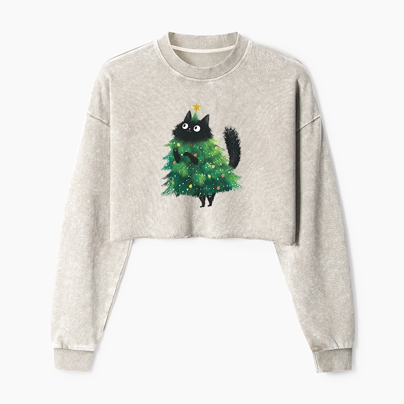 Tokyo-Tiger Christmas Tree Cat Japan Washed Crop Sweatshirt