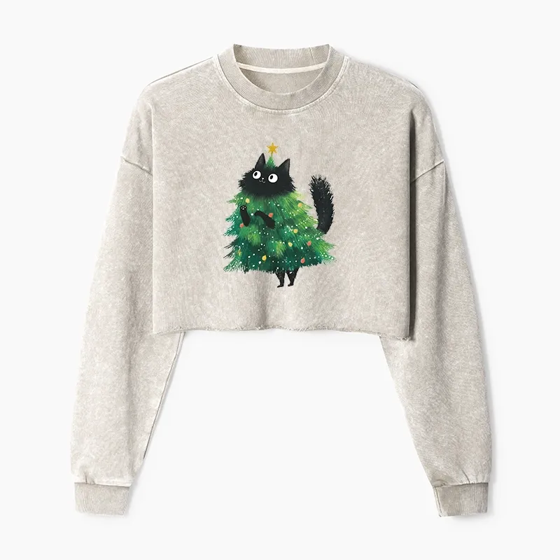 Tokyo-Tiger Christmas Tree Cat Japan Washed Crop Sweatshirt