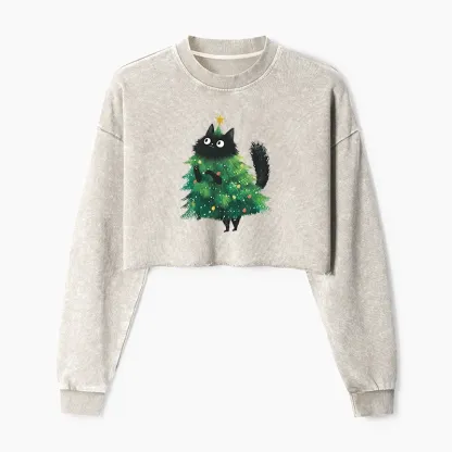 Tokyo-Tiger Christmas Tree Cat Japan Washed Crop Sweatshirt