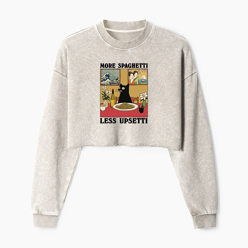 Tokyo-Tiger Cat Eating Pasta Washed Crop Sweatshirt