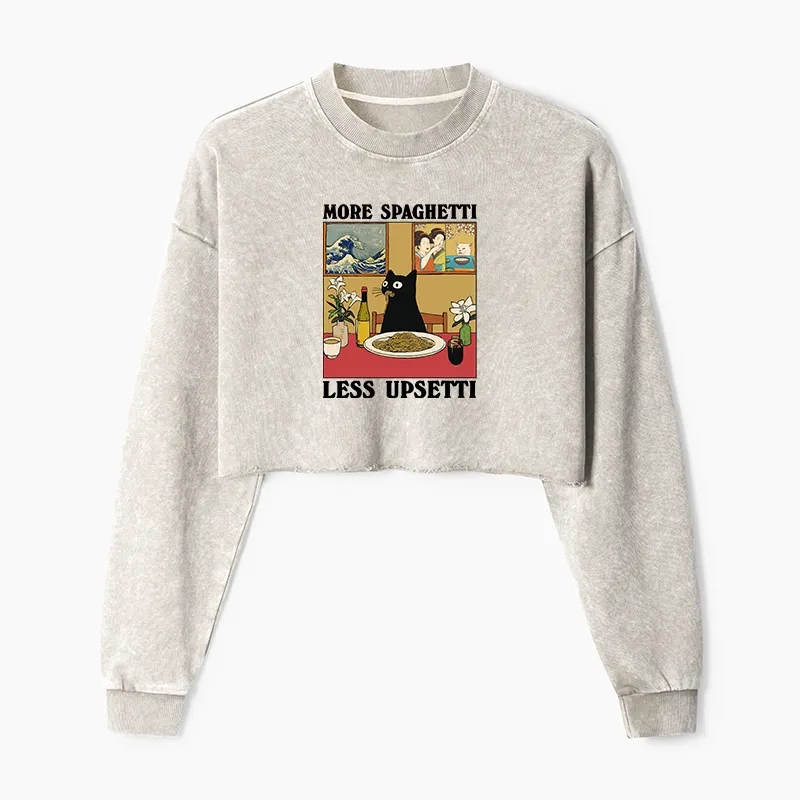 Tokyo-Tiger Cat Eating Pasta Washed Crop Sweatshirt