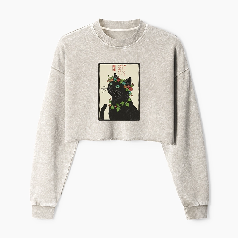 Tokyo-Tiger The Flower-Crowned Cat Washed Crop Sweatshirt