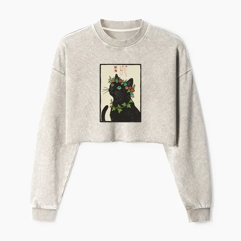 Tokyo-Tiger The Flower-Crowned Cat Washed Crop Sweatshirt