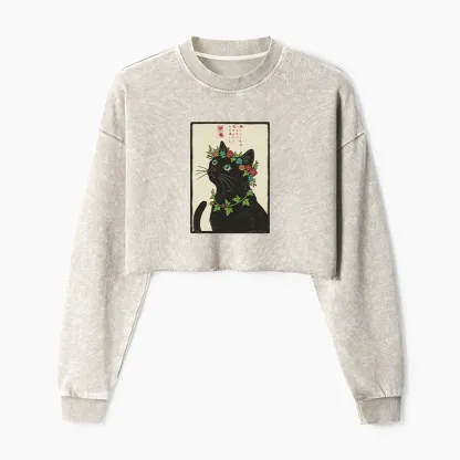 Tokyo-Tiger The Flower-Crowned Cat Washed Crop Sweatshirt