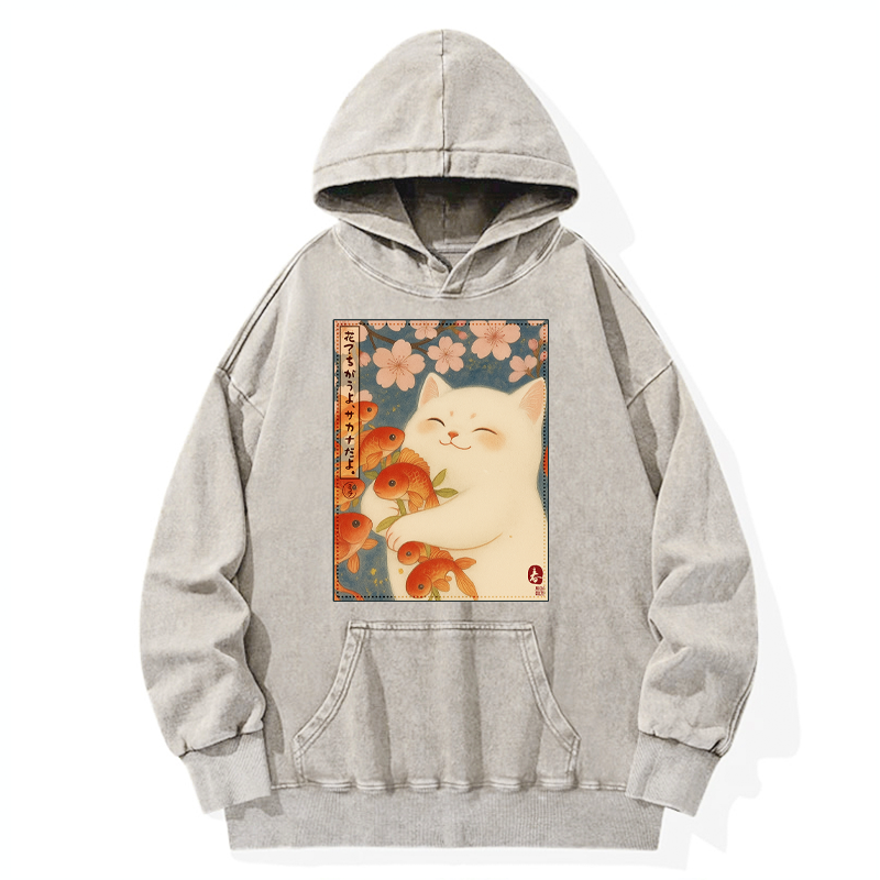 Tokyo-Tiger Funny Ukiyoe Cat and Fish Flower Washed Hoodie