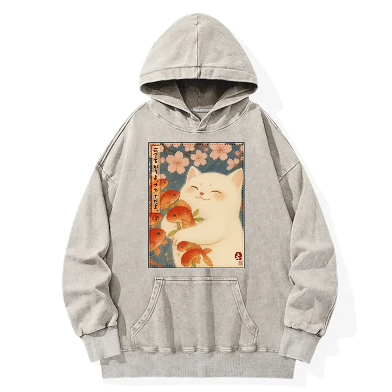 Tokyo-Tiger Funny Ukiyoe Cat and Fish Flower Washed Hoodie