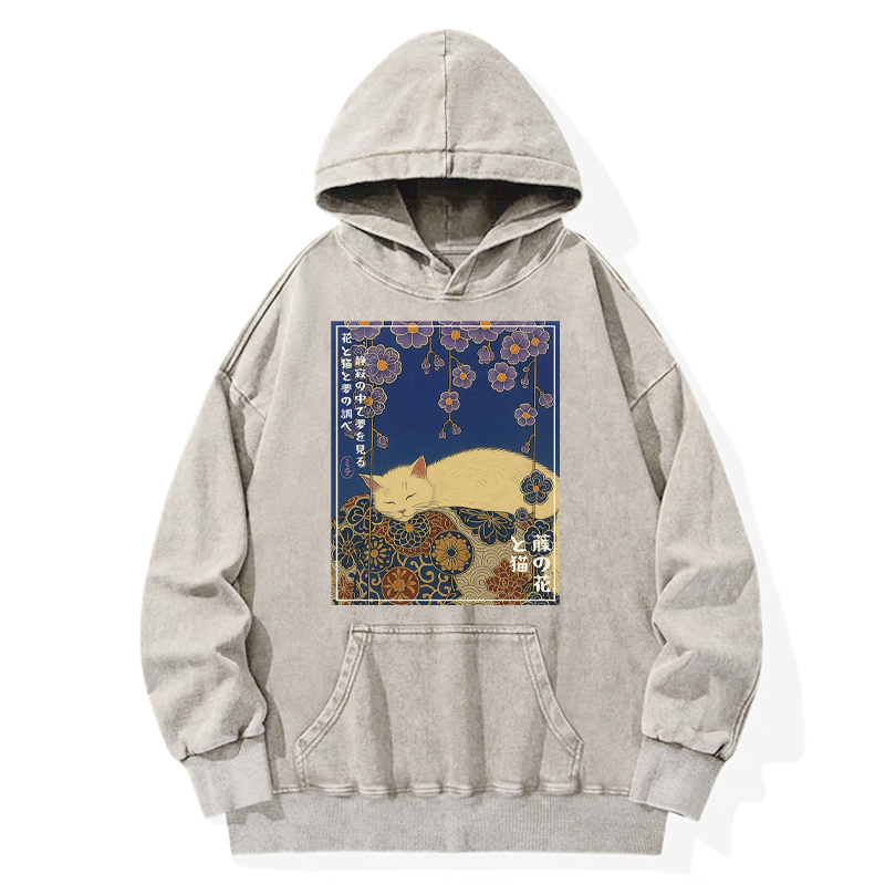 Tokyo-Tiger Ukiyoe Wisteria Flowers and Cats Washed Hoodie
