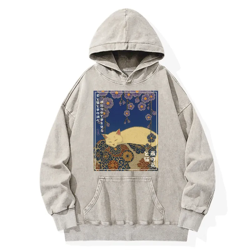 Tokyo-Tiger Ukiyoe Wisteria Flowers and Cats Washed Hoodie