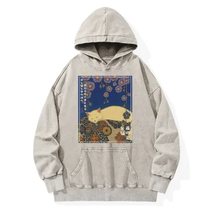 Tokyo-Tiger Ukiyoe Wisteria Flowers and Cats Washed Hoodie