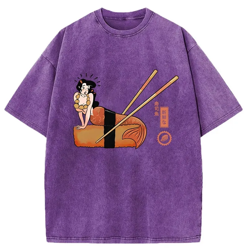 Tokyo-Tiger Funny Sushi Mermaid Washed T-Shirt
