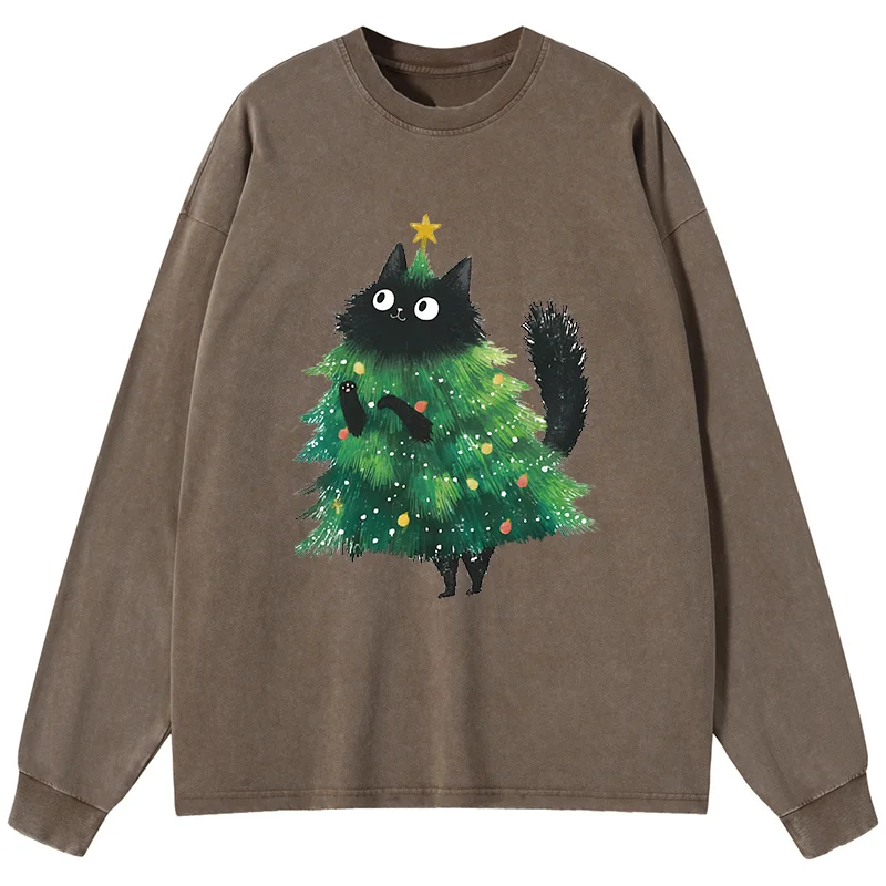 Tokyo-Tiger Christmas Tree Cat Japan Washed Long Sleeve T-Shirt