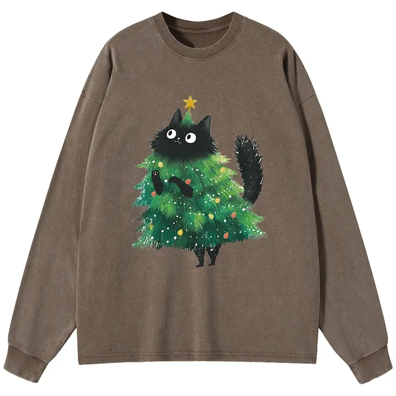 Tokyo-Tiger Christmas Tree Cat Japan Washed Long Sleeve T-Shirt